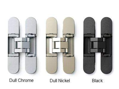 Three-way adjustable compact concealed cabinet hinge in multiple finishes: dull chrome, dull nickel, and black.