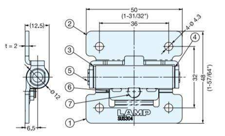 Stainless steel torque hinge for cabinets, sold individually, featuring detailed measurements for installation.