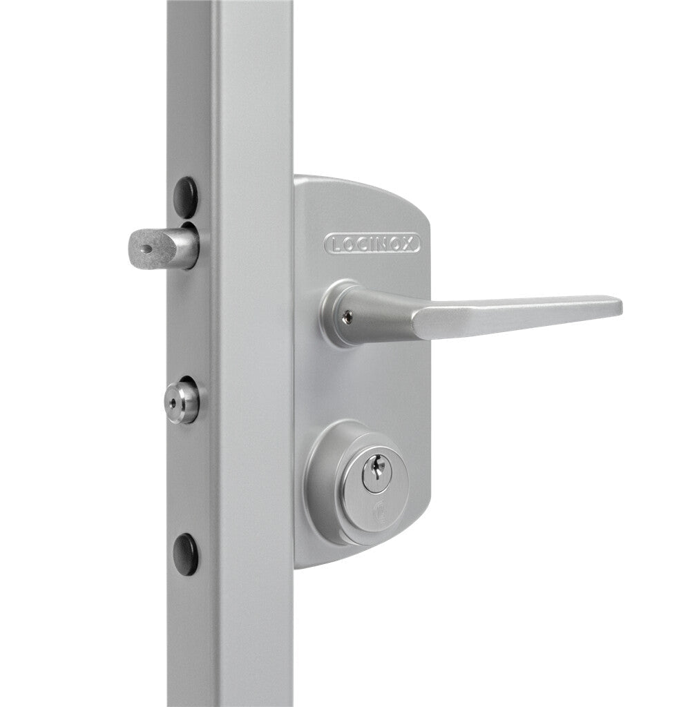 US mortise cylinder gate lock designed for square or flat profiles, featuring a silver finish and sold individually.