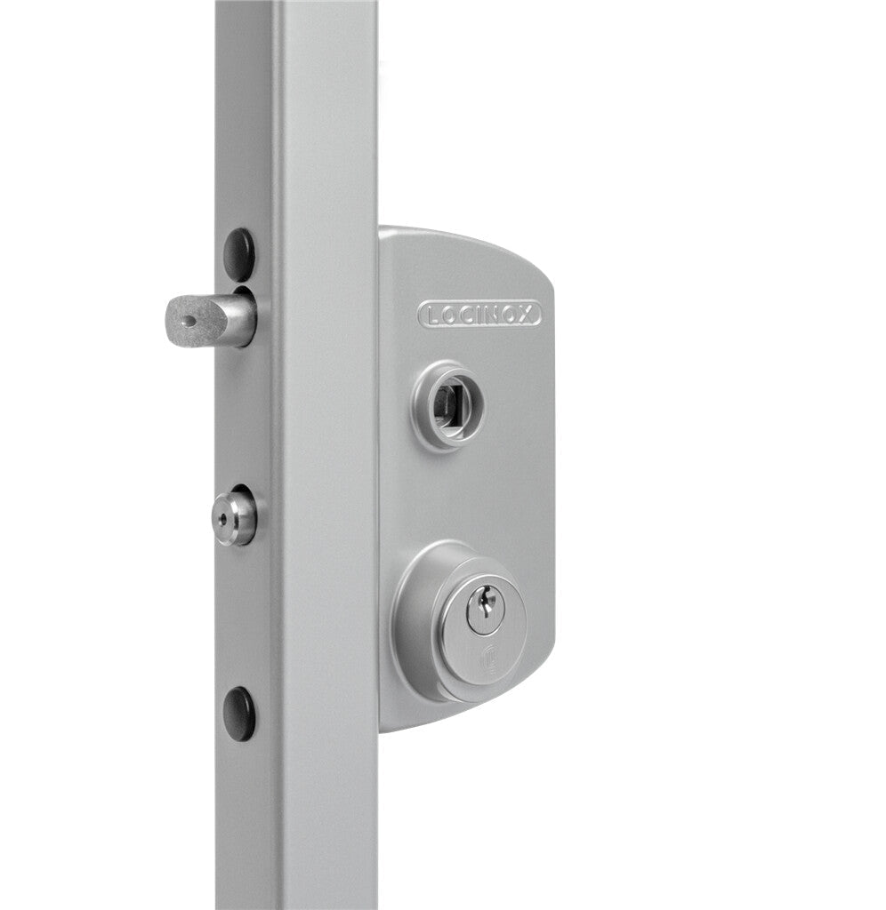 US mortise cylinder gate lock for square or flat profiles, silver finish, suitable for 3/8" to 2-3/4" thickness.