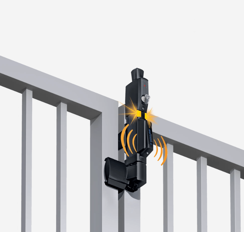 Vertical pull alert gate latch with electronic alarm in black, designed for 3/4" gate gaps, suitable for metal, wood, or vinyl gates.