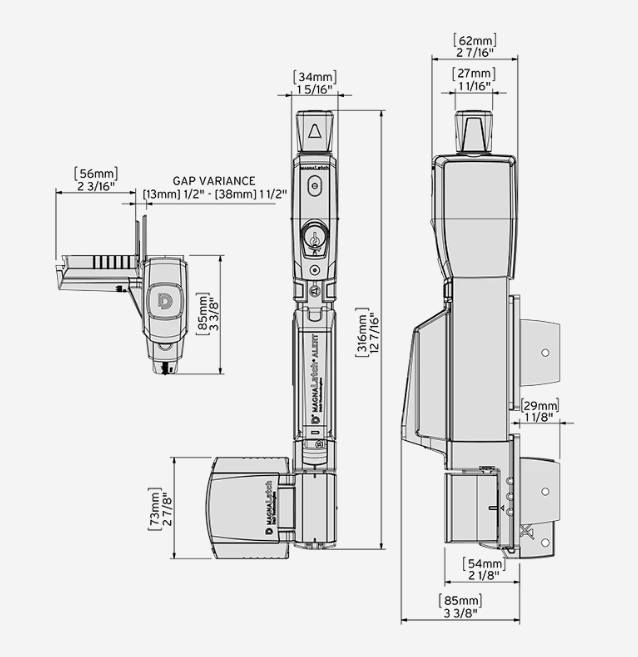 Vertical pull alert gate latch with electronic alarm, designed for 3/4" gate gaps, suitable for metal, wood, or vinyl gates.