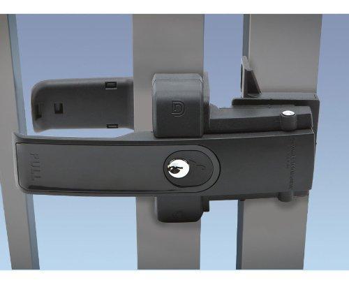 Black magnetic lock latch designed for secure gate closure, featuring a key access and durable construction.