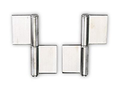 Stainless steel weld-on lift-off door hinges measuring 5-63/64" x 2-5/32", sold individually for durability.