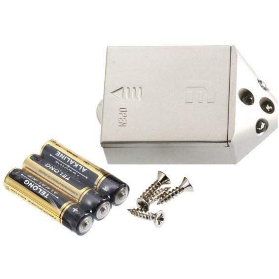 Wireless fixed 4-LED cabinet light in satin silver finish, measuring 2.75 x 1.75 inches, sold individually.