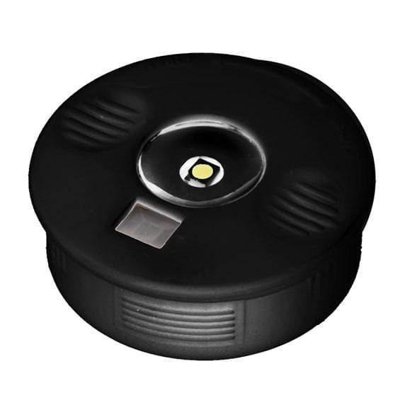 Wireless motion sensor LED cabinet puck light in black, 1 19/50 inches diameter, available in multiple finishes.