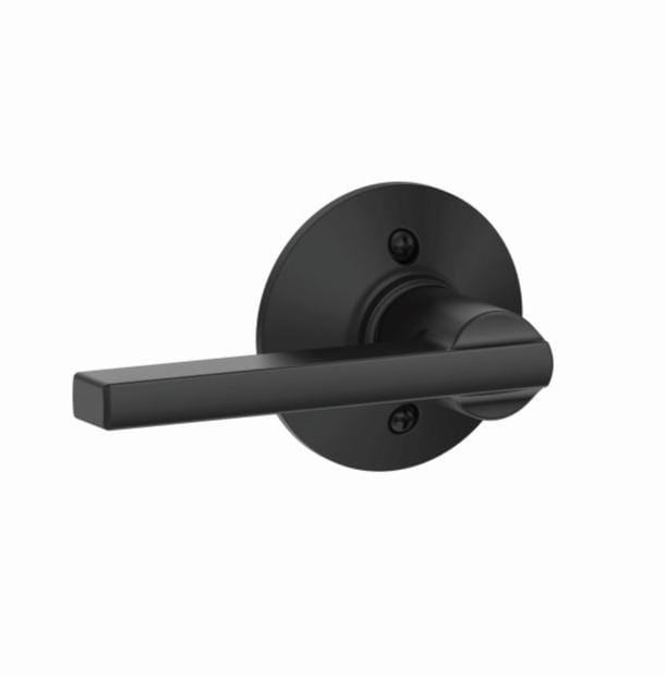 Matte black Schlage non-turning half dummy door lever in Latitude style for residential use, sold individually.