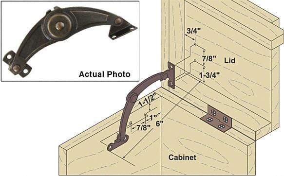 Heavy-duty locking lid support in bronze finish, includes left and right supports for secure cabinet lids.
