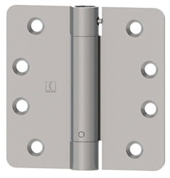 Hager 4x4 inch spring hinge with 1/4 inch radius, available in multiple finishes, sold individually for doors.