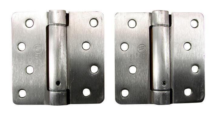 4x4 inch satin nickel spring hinges with 1/4 inch radius corners, sold in a convenient 2 pack for easy installation.