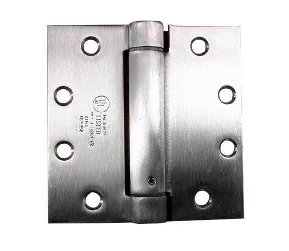 Durable 4-inch square spring hinges with template hole pattern, available in multiple finishes, sold in a 2-pack.