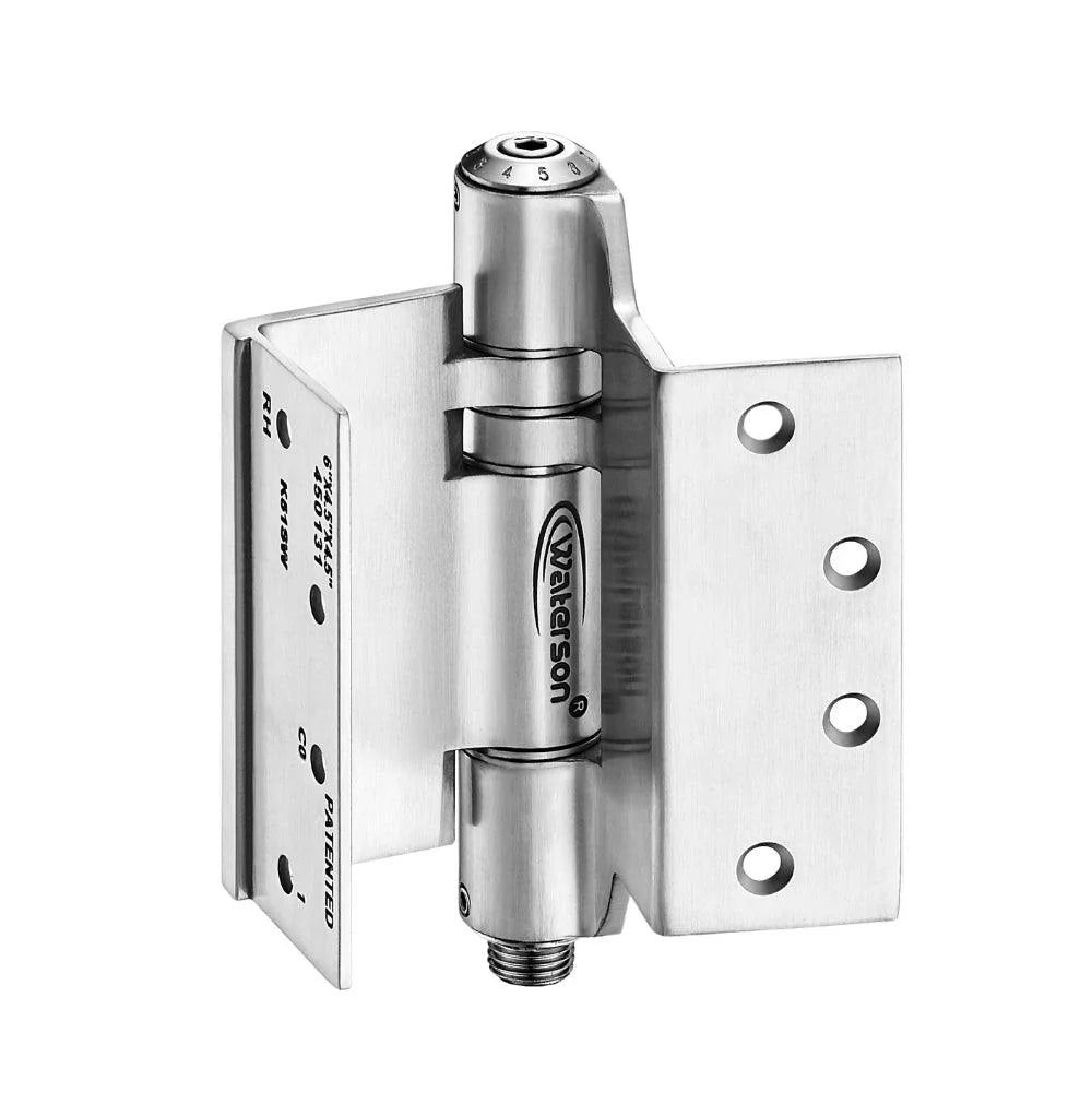 Mechanical adjustable swing clear hinges, 4.5” x 4.5”, fire-rated stainless steel, sold in a 3 pack for durability.