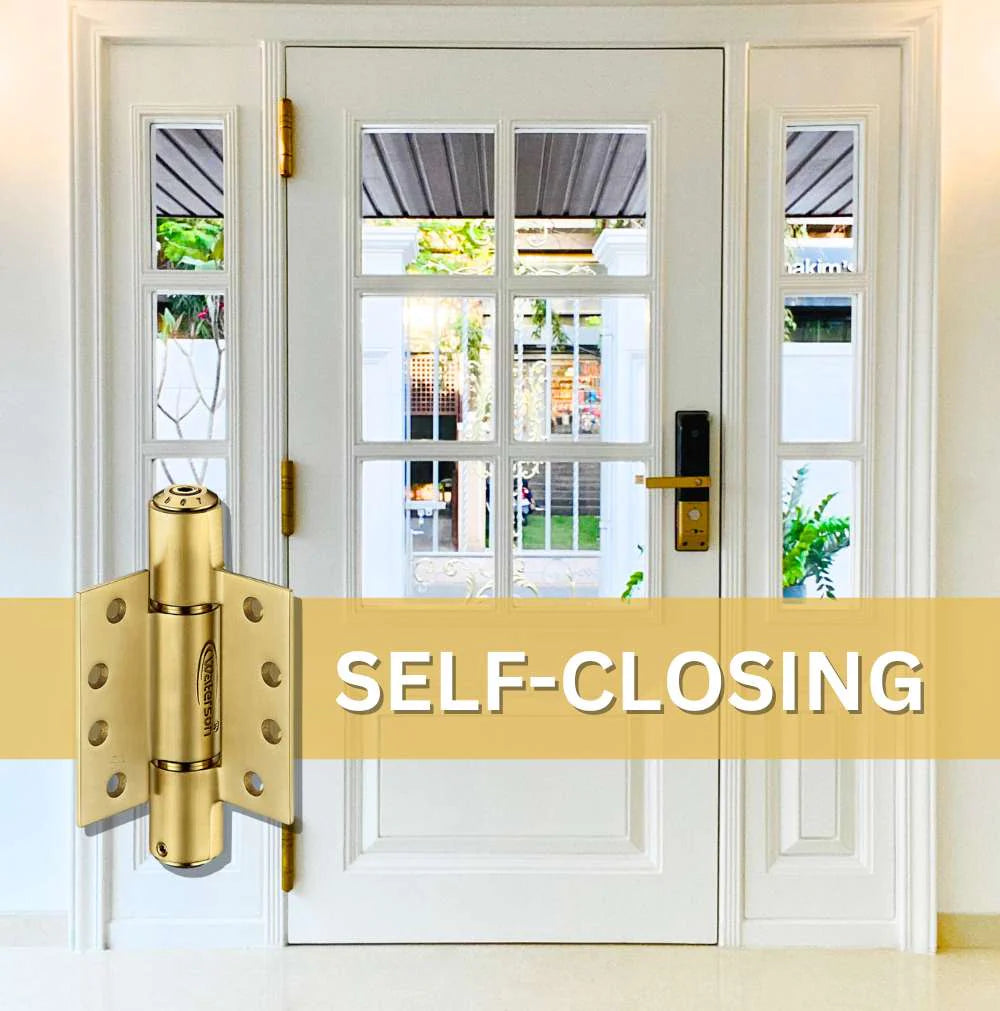 Heavy duty self-closing spring hinges in 4x4 inch size, made of 304 stainless steel for thick doors up to 260 lbs.