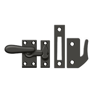 Medium window lock casement fastener in various finishes, measuring 1 inch by 2-7/8 inches, sold individually.