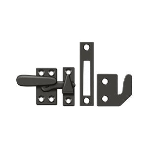 Small window lock casement fastener, 2-1/4" x 7/8", available in multiple finishes, sold individually for secure locking.