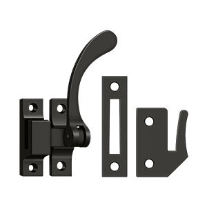 Reversible window lock casement fastener in black, 4-1/2 inches, includes mounting hardware, sold individually.