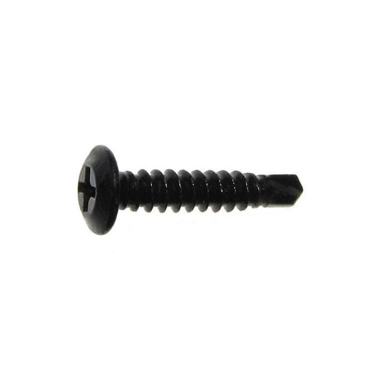 Black stainless steel #10 x 1 inch self-drilling screw designed for vinyl applications without metal stiffeners.