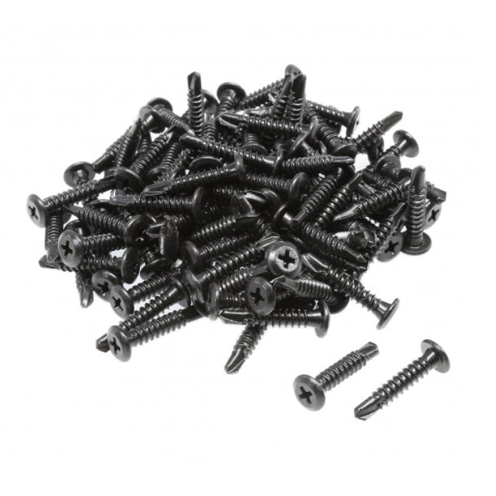 Black stainless steel #10 x 1" self-drilling screws designed for vinyl applications, available in 10 or 100 packs.