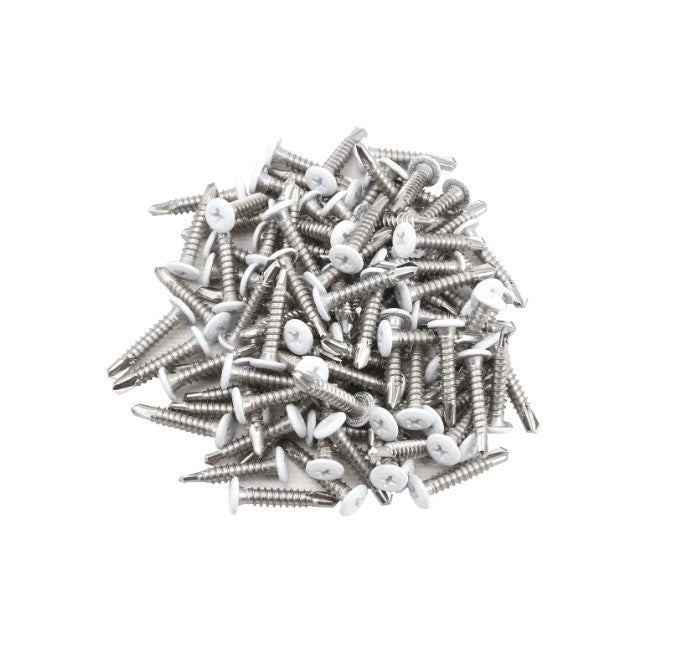 Self-drilling screws with white heads, 1 inch long, suitable for metal, wood, and vinyl, available in 10 or 100 pack.