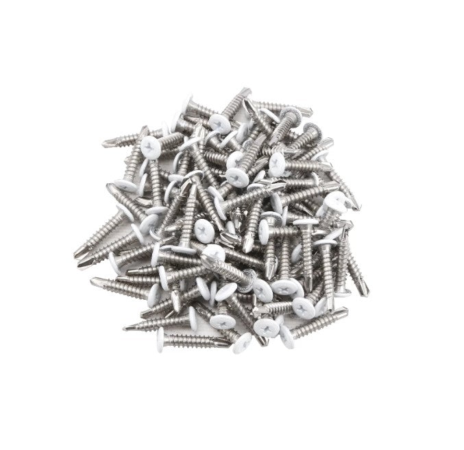 #10 x 1" Self-Drilling Screws - White Head Stainless Steel - For Metal, Wood, Vinyl - 100 Pack