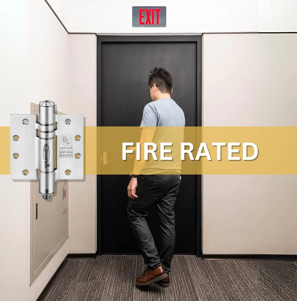 Fire rated self-closing hinge set, 4.5x4.5 inches, stainless steel for heavy doors, ideal for safety applications.