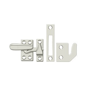 Small window lock casement fastener in various finishes, measuring 2-1/4" x 7/8", sold individually for secure window closure.