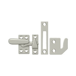 Small window lock casement fastener with multiple finishes, measuring 2-1/4" x 7/8", sold individually for secure closure.