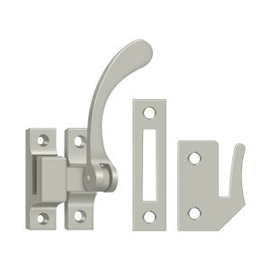 Reversible window lock casement fastener with a lever handle and multiple finishes, sold individually.