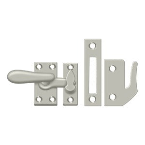 Medium window lock casement fastener in various finishes, measuring 1 inch by 2-7/8 inches, sold individually.
