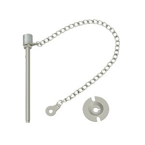3-inch window door pin with chain and cap, available in multiple finishes, sold individually for secure locking.
