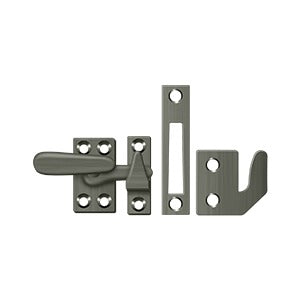 Small window lock casement fastener in various finishes, measuring 2-1/4" x 7/8", sold individually for secure window closure.