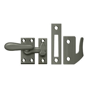 Medium window lock casement fastener in multiple finishes, measuring 1 inch by 2-7/8 inches, sold individually.