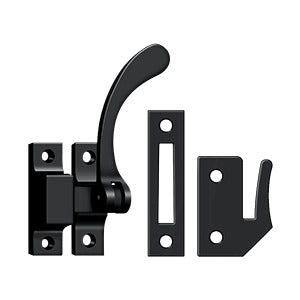 Reversible window lock casement fastener in black, 4-1/2 inches, includes mounting hardware for secure installation.