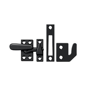 Small window lock casement fastener, 2-1/4" x 7/8", available in multiple finishes, sold individually for secure locking.