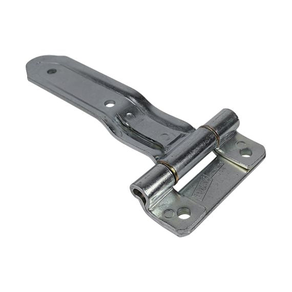 Embossed steel truck and trailer hinge with square corners and reverse brackets, zinc plated, available in multiple sizes.