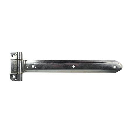 Embossed steel truck and trailer hinge with a narrow bracket, zinc plated, available in multiple sizes, sold individually.