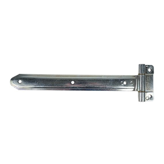 Embossed steel truck and trailer hinge with narrow bracket for side and rear doors, zinc plated, sold individually.