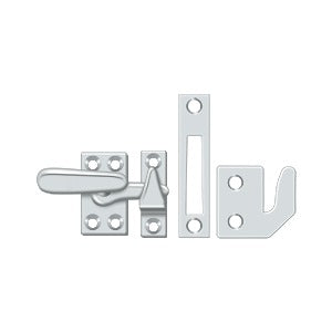 Small window lock casement fastener, 2-1/4" x 7/8", available in multiple finishes, sold individually for secure locking.