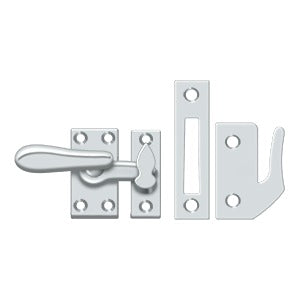 Medium window lock casement fastener in various finishes, measuring 1 inch by 2-7/8 inches, sold individually.
