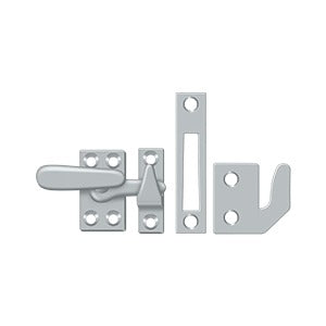 Small window lock casement fastener, 2-1/4" x 7/8", available in multiple finishes, sold individually for secure locking.
