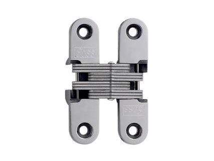 Concealed cabinet hinge made of stainless steel, measuring 5/8 inch by 2-3/4 inch for doors at least 1 inch thick.