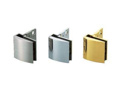 Overlay glass door hinge for cabinets, available in multiple finishes, sold individually, ideal for modern designs.
