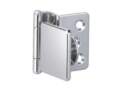 Half overlay glass door hinge for cabinets in chrome finish, sold individually for sleek and modern installations.