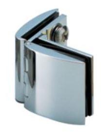 Glass door hinge for cabinets, designed for glass frame types, available in multiple finishes, sold individually.