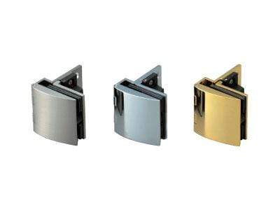 Overlay glass door hinge for cabinets, available in multiple finishes, sold individually for versatile installation.