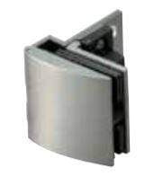 Overlay glass door hinge for cabinets, available in multiple finishes, sold individually, includes catch mechanism.