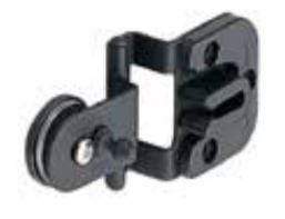 Half overlay glass door hinge for cabinets, featuring a catch and available in multiple finishes, sold individually.