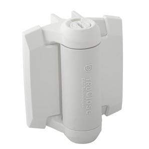 Adjustable white gate spring hinge with two legs, designed for fixed gate gaps of 13/16 inches, suitable for metal gates.