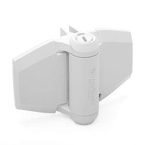 White gate spring hinge designed for fixed gate gaps of 13/16 inches, suitable for vinyl and wood gates.