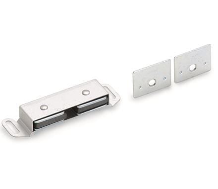 Magnetic cabinet catch in aluminum finish, measuring 3-1/2 inches by 1 inch, sold individually for secure closures.